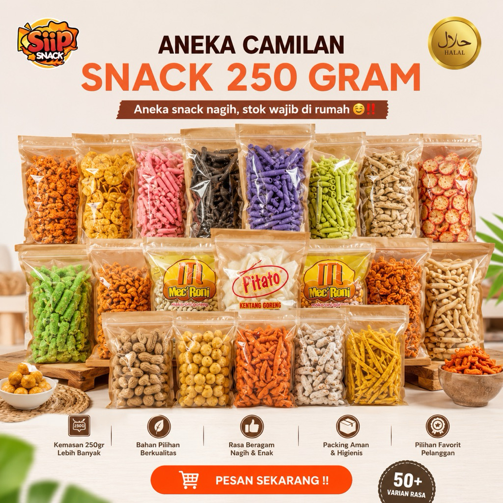 Aneka Snack Camilan 250gr — Makaroni, Basreng, Seblak mix, Pilus, Usus Crispy, Kacang, Cemilan Pedas