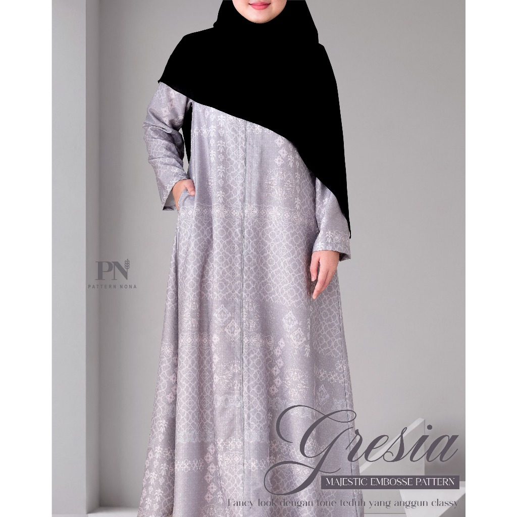 Pattern Nona Dress Gresia Gamis Wanita Emboss Motif Etnik Adem Special Design