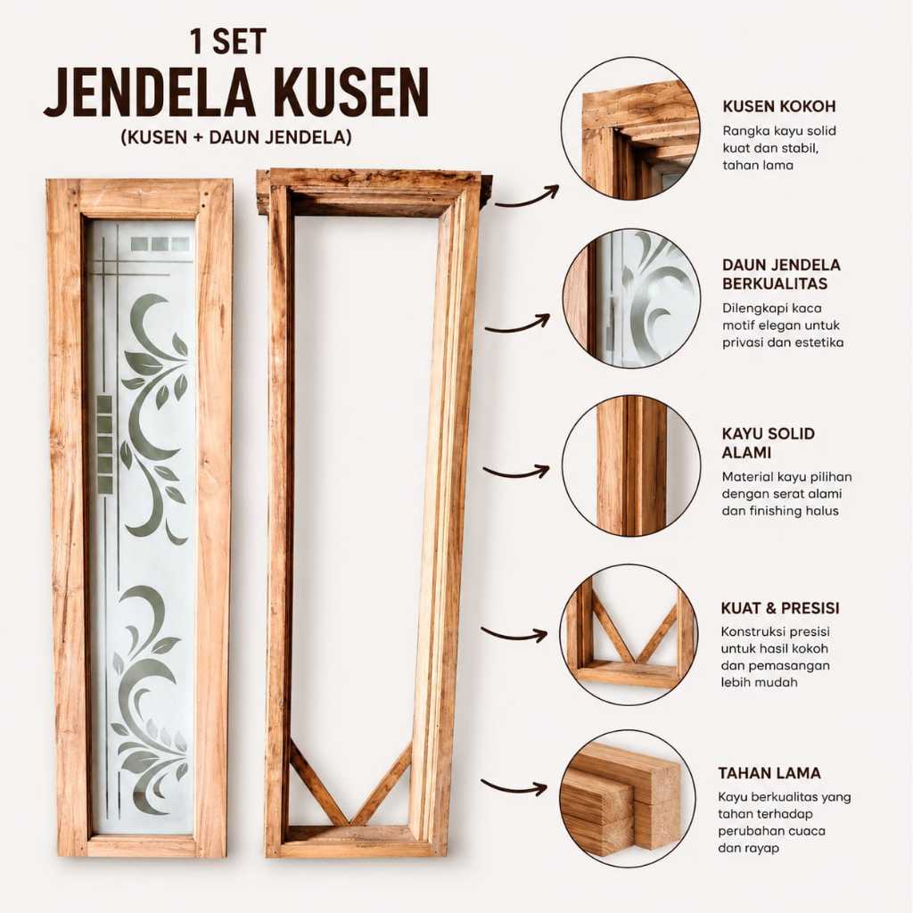 1 Set Jendela Kaca Motif Kayu Jati Lokal