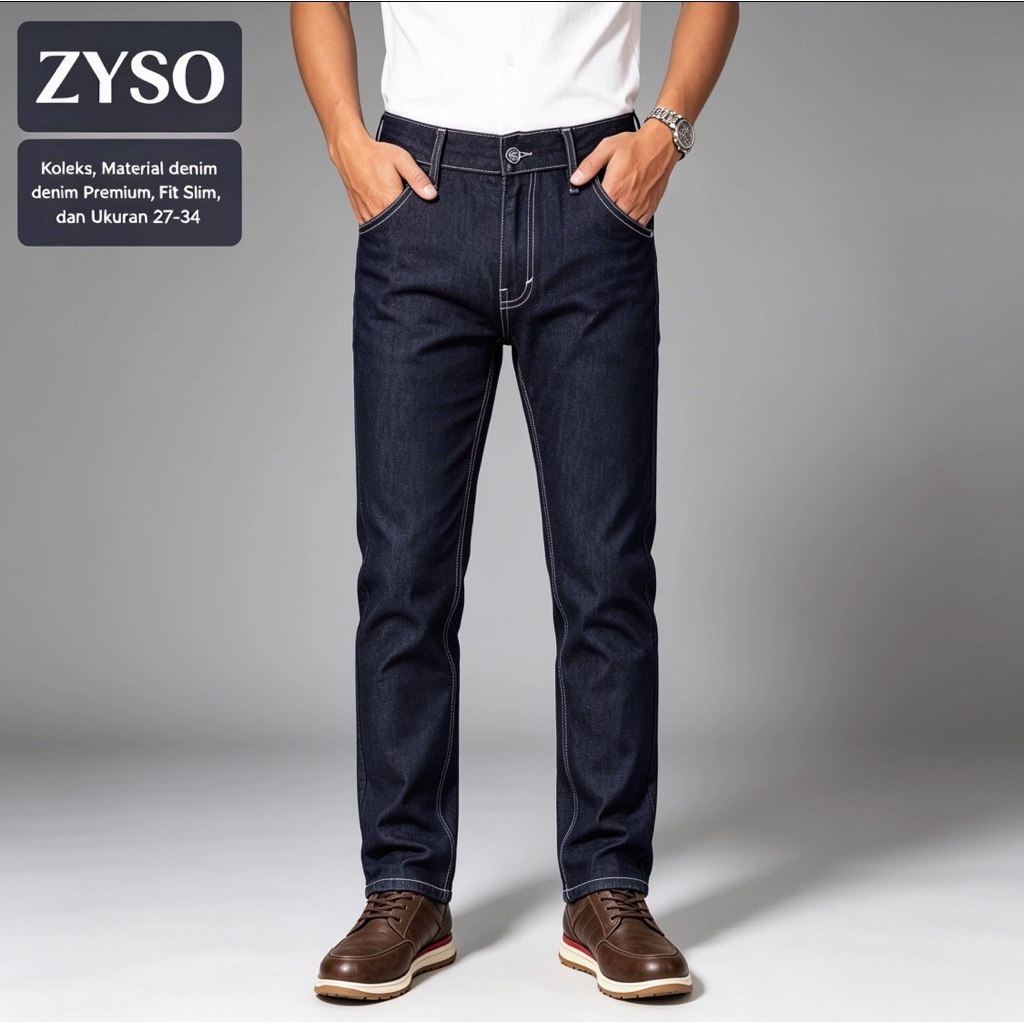 ZYSO Pants Jeans Selvedge Dark Blue White Line Pria Denim Premium Slimfit Stylish Harian Nyaman