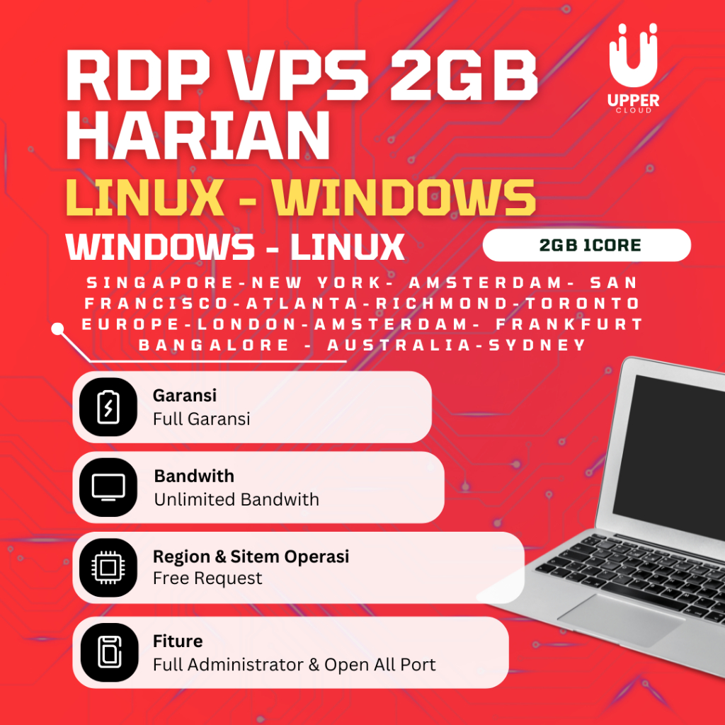 VPS / RDP HARIAN 2GB 1CORE WINDOWS LINUX BERGARANSI FULL ADMINISTRATOR FULL AKSES ROOT
