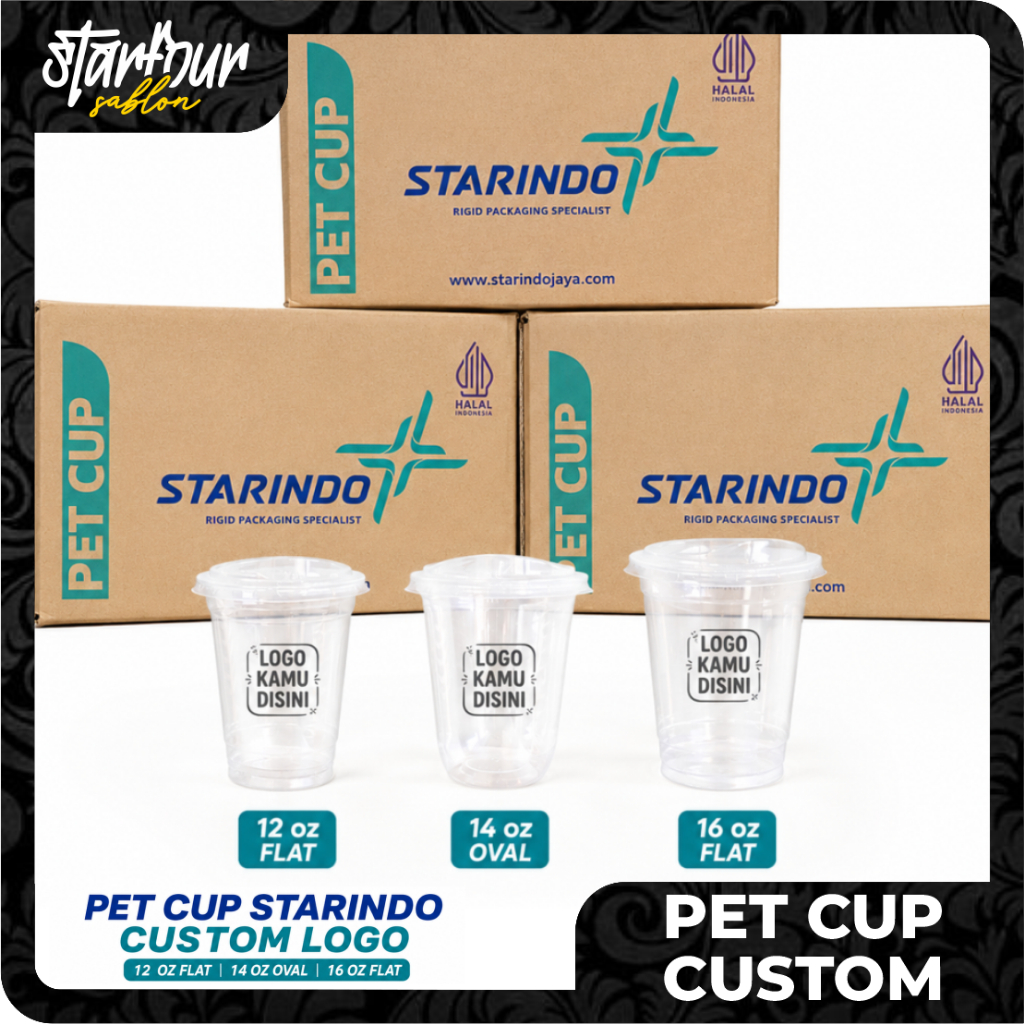 STARINDO PET Cup Custom Logo Sablon 12gr Tebal - Gelas Plastik Cup Minuman Premium Free Desain