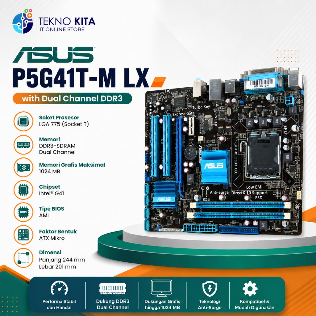 MOTHERBOARD ASUS P5G41T-M LX DUAL CHANNEL DDR3 MOBO TERMURAH BERGARANSI - TEKNO KITA
