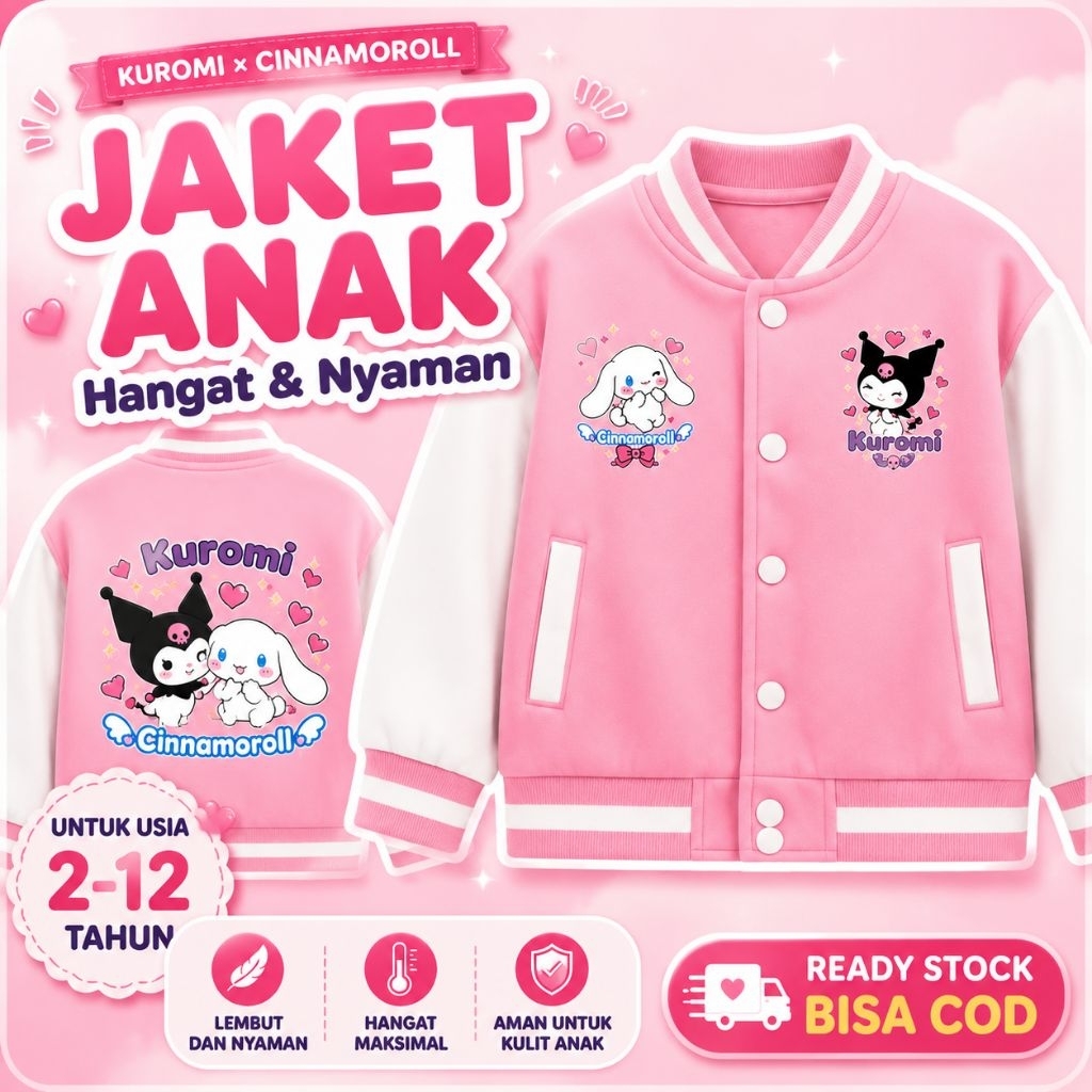 Jaket Varsity Anak Perempuan Lucu Kuromi Cinnamoroll Baseball Jacket Fleece Hangat Usia 1–12 Tahun