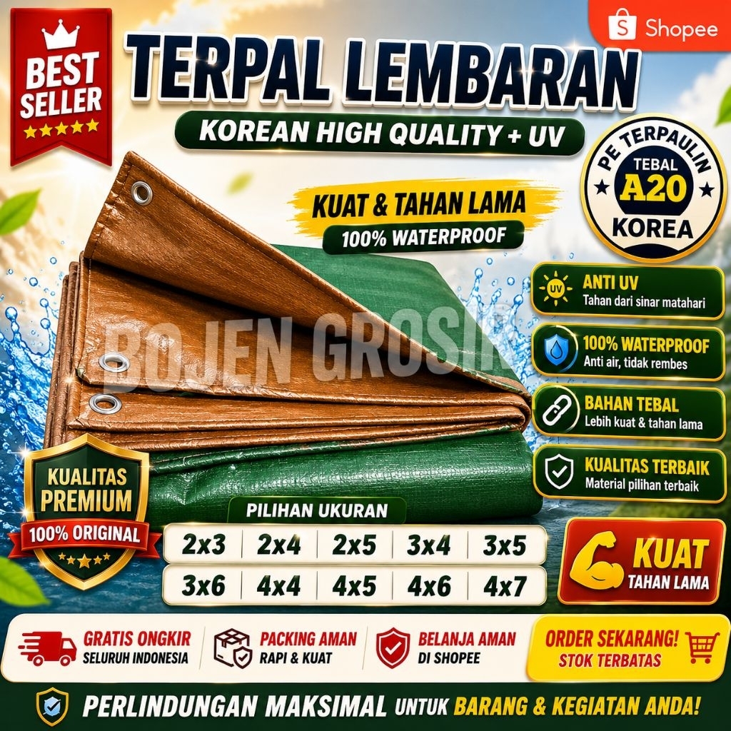 terpal korea A20 army gold ukuran 2x3 2x4 2x5 3x4 3x5 3x6 4x4 4x5 4x6 4x7