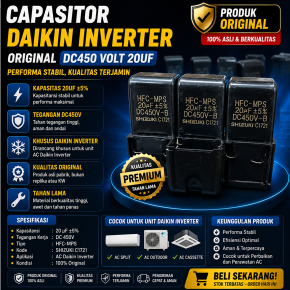 CAPASITOR DAIKIN INVERTER ORIGINAL DC450 VOLT 20UF / KAPASITOR DAIKIN 20UF 450VDC