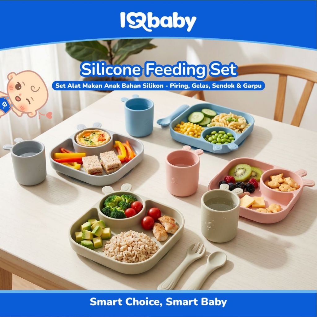 I.Q. BABY Silicone Feeding Set Plate, Cup, Spoon and Fork | Tempat Makan Silikon Set Piring, Gelas, 