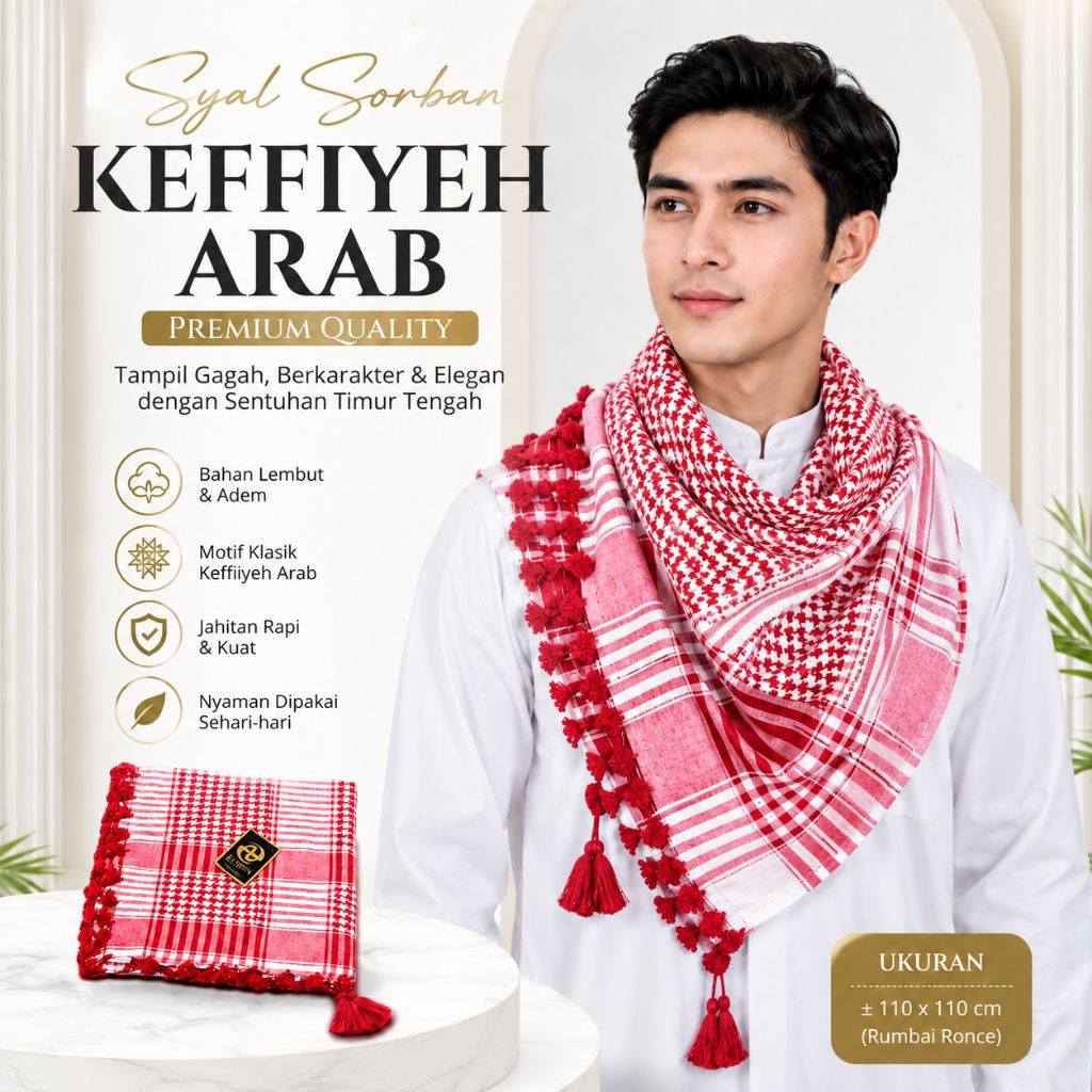 Sorban Syal Pria Muslim Motif Kotak Selendang Baju Koko Haji Umroh