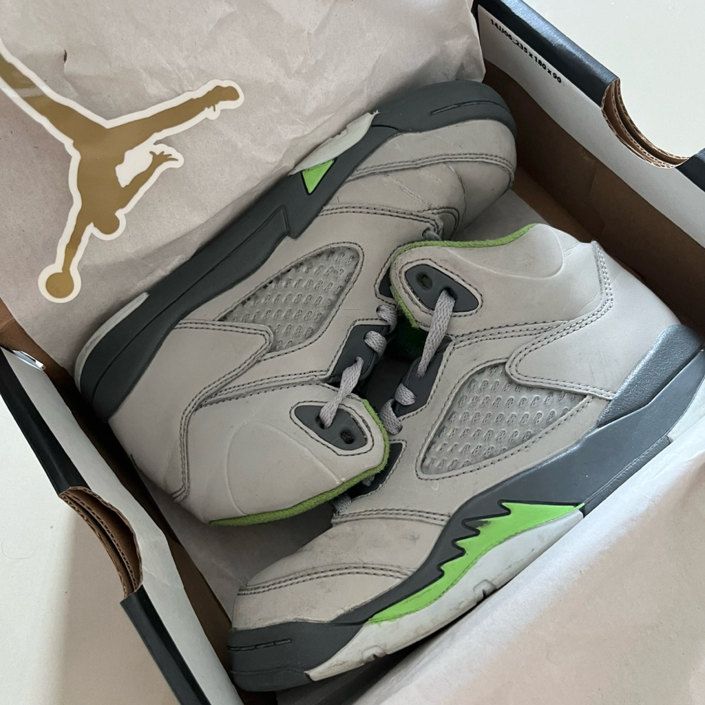 (19cm) Nike Air Jordan 5 Retro Silver Green Sepatu Basket Anak Shoes Sneakers Olahraga Laki