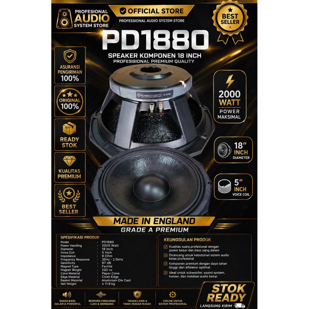 SPEAKER KOMPONEN 18INCH VOICE COIL 5INCH 2000WATT PD1880 PD 1880 MADE IN ENGLAND GRADE A PREMIUM SUP