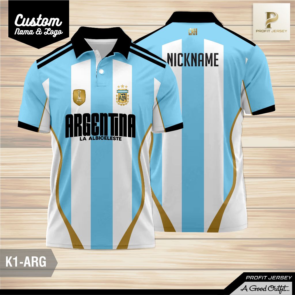 Jersey Argentina Custom Nama & Logo Kaos Polo Kerah Baju Bola Argentina Full Print K1-ARG / Kaos Pol