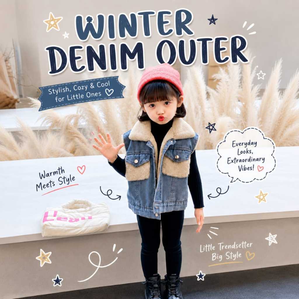 OT02 Winter Denim Outer | Vest Tebal Bulu Anak | Outwear Musim Dingin | Jeans