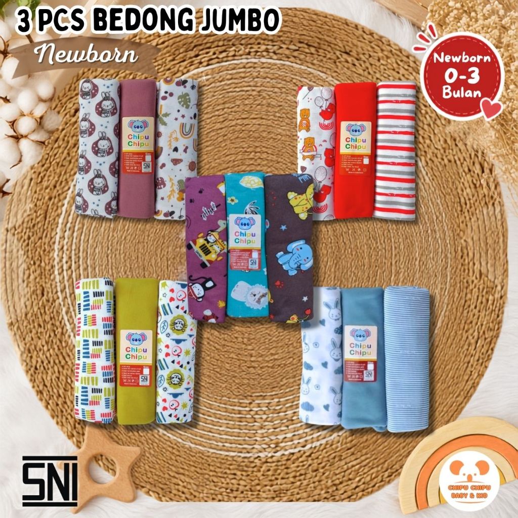 Bedong Bayi Jumbo Isi 3 Pcs | Bedong Newborn Katun Lembut | Selimut Bayi Premium | Chipu Chipu Baby