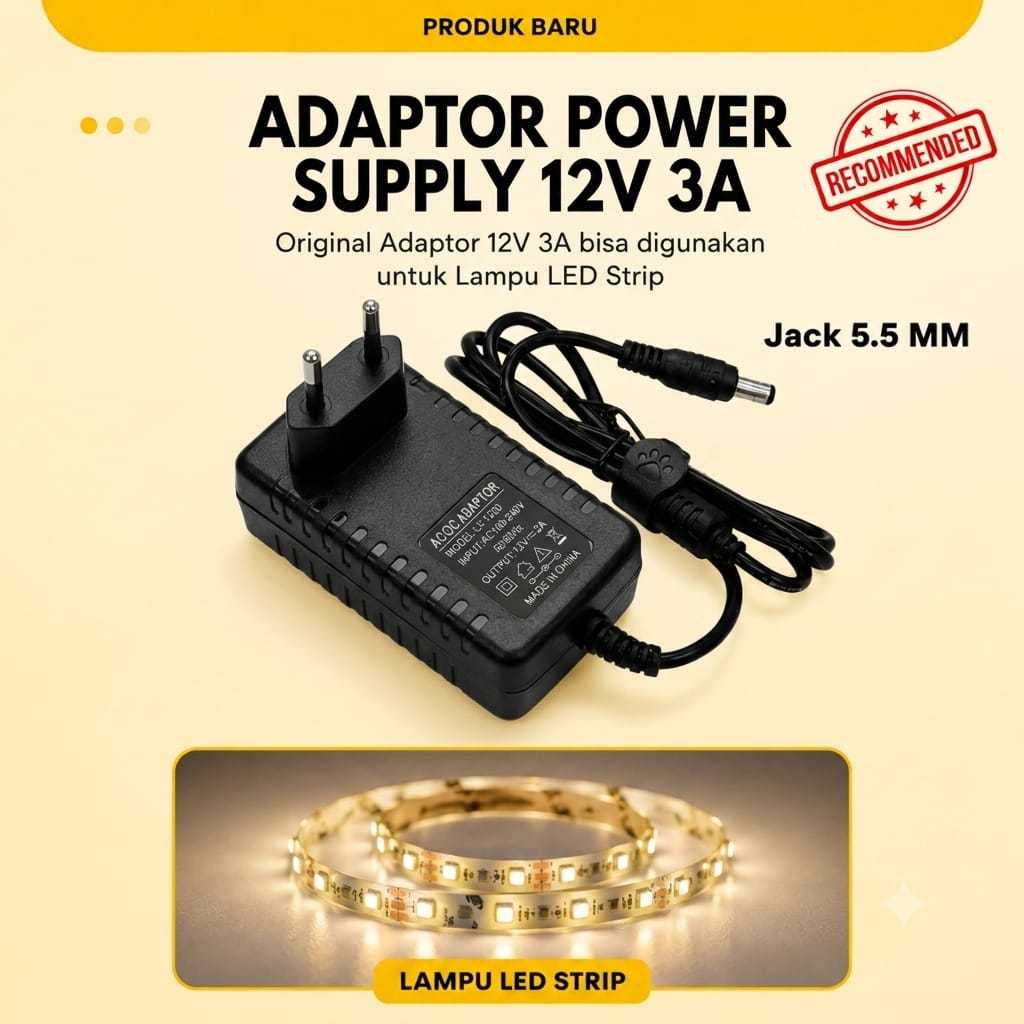 [ COD ] Adaptor Power Supply Converter AC Ke DC 12V 3A LED Strip