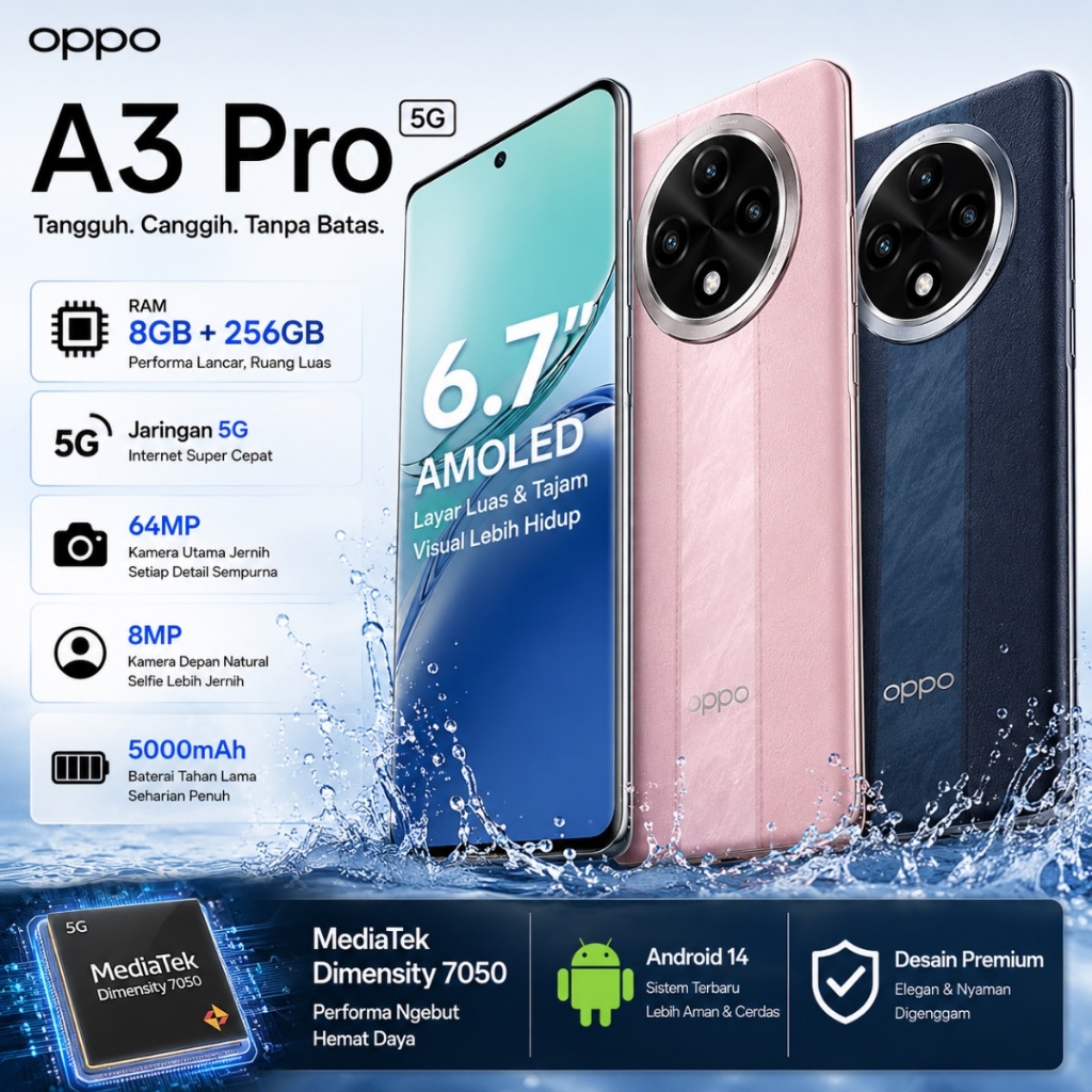 Oppo A3 Pro Jaringan 5G RAM 8GB ROM 256GB Kamera 64MP , Baterai 5000mAh , BARU segel Bergaransi 1 Ta