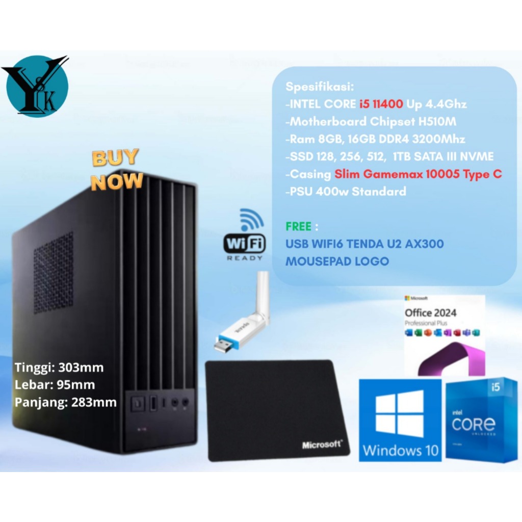Komputer Slim Case i5 Gen11 Rakitan RAM DDR4 SSD NVME CPU Mini PC i5 11400 - 4GBx1 (4GB), SATA III 1