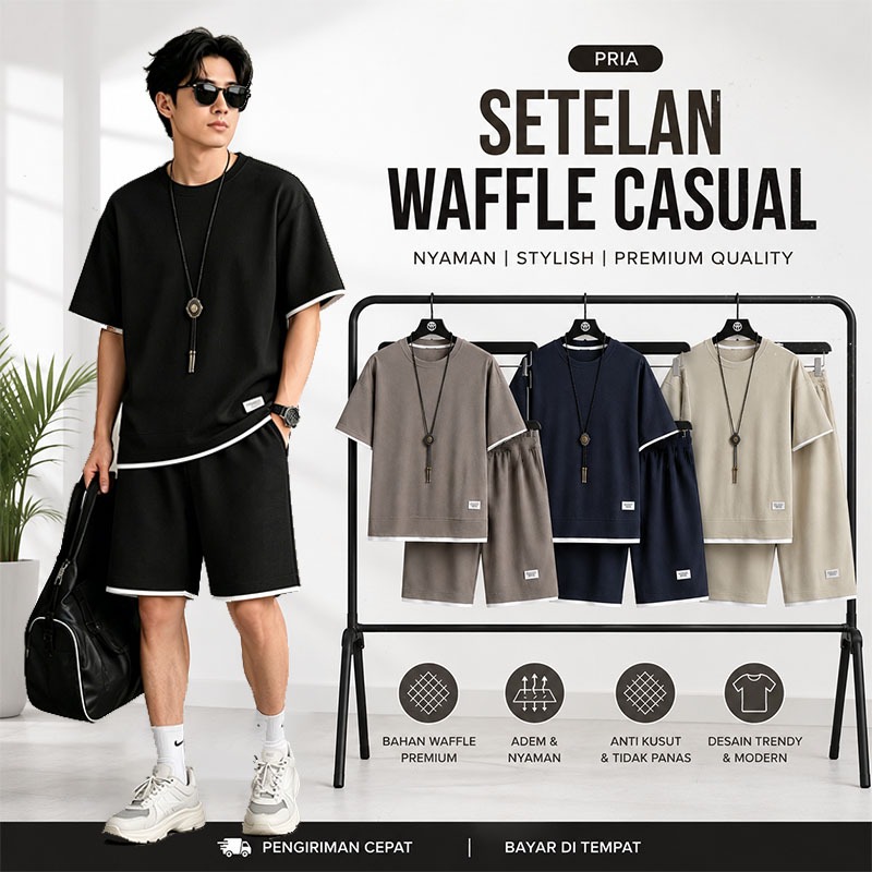Setelan Celana Pendek Pria Setelan Lengan Pendek Pria Kasual baju setelan pria korea baju pantai cow