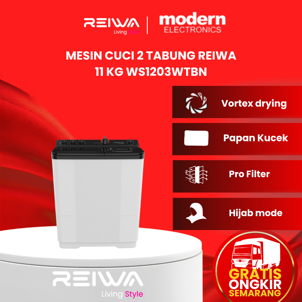 REIWA MESIN CUCI 2 TABUNG 11 KG WS1203WTBN