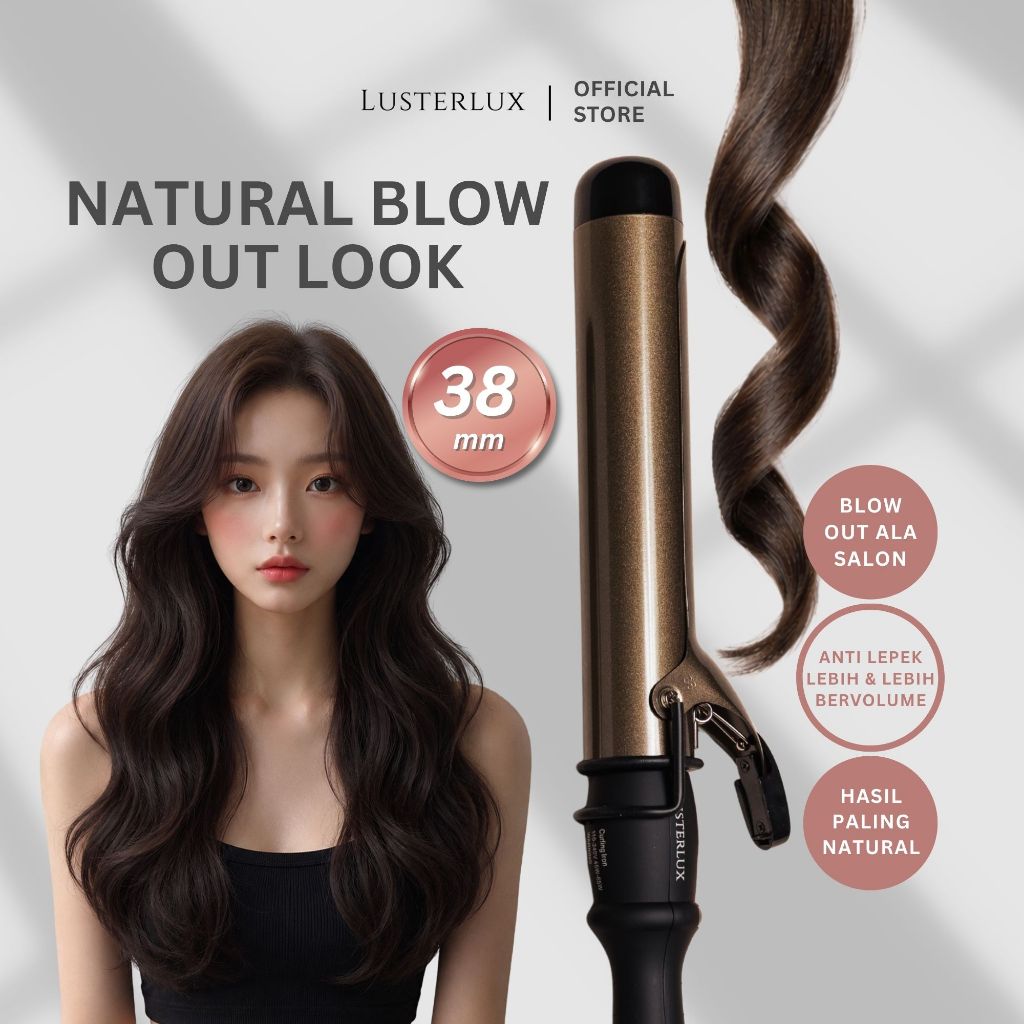 Lusterlux Curling Iron 38mm, Curly, Keriting, Wavy, Curly Natural Tahan Seharian
