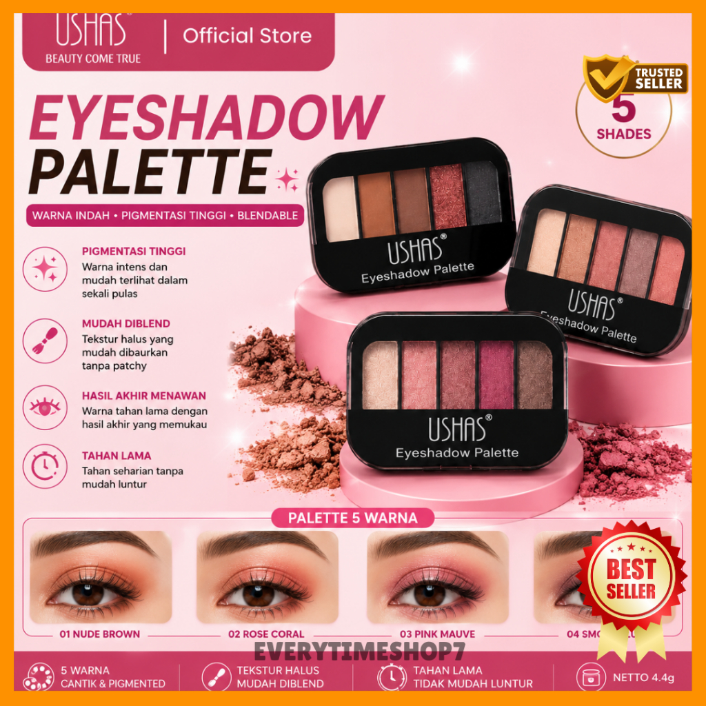 USHAS Eyeshadow Palette 5 Warna 4.4g BPOM - Eyeshadow Pigmented Glitter Matte Mudah Dibaurkan Tahan 