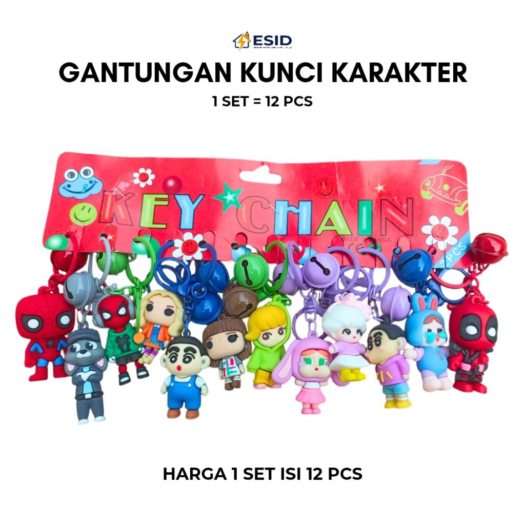 Key Chain Gantungan Kunci Karakter Kartun Set 12 Pcs Dilengkapi Lonceng Warna Warni Lucu Unik Untuk 