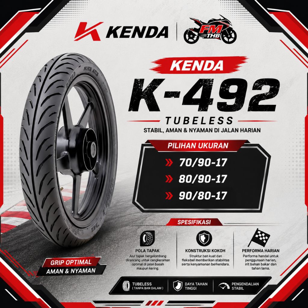 Ban Kenda K492 K-492 Ring 17 Tubeless - Ban Motor Tubeless/Tubles (Pilih Ukuran)