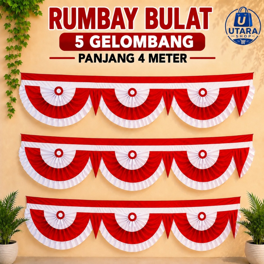 BEGRON Rumbay Bulat Merah Putih – 5 Gelombang Panjang 4 Meter, Dekorasi HUT RI Premium