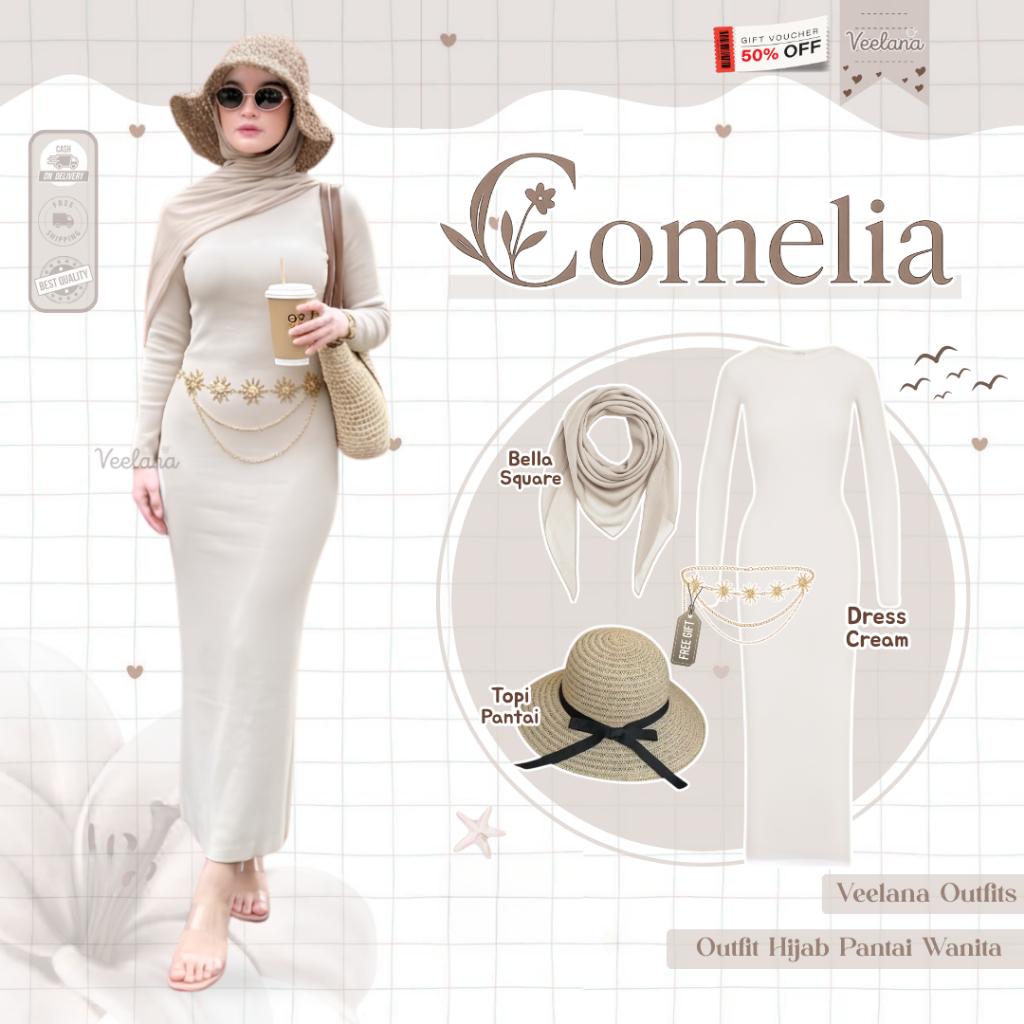 Outfit Dress Pantai Wanita Hijab Style ( Hijab Bella Square Ivory, Dress Cream, Ikat Pinggang, Topi 