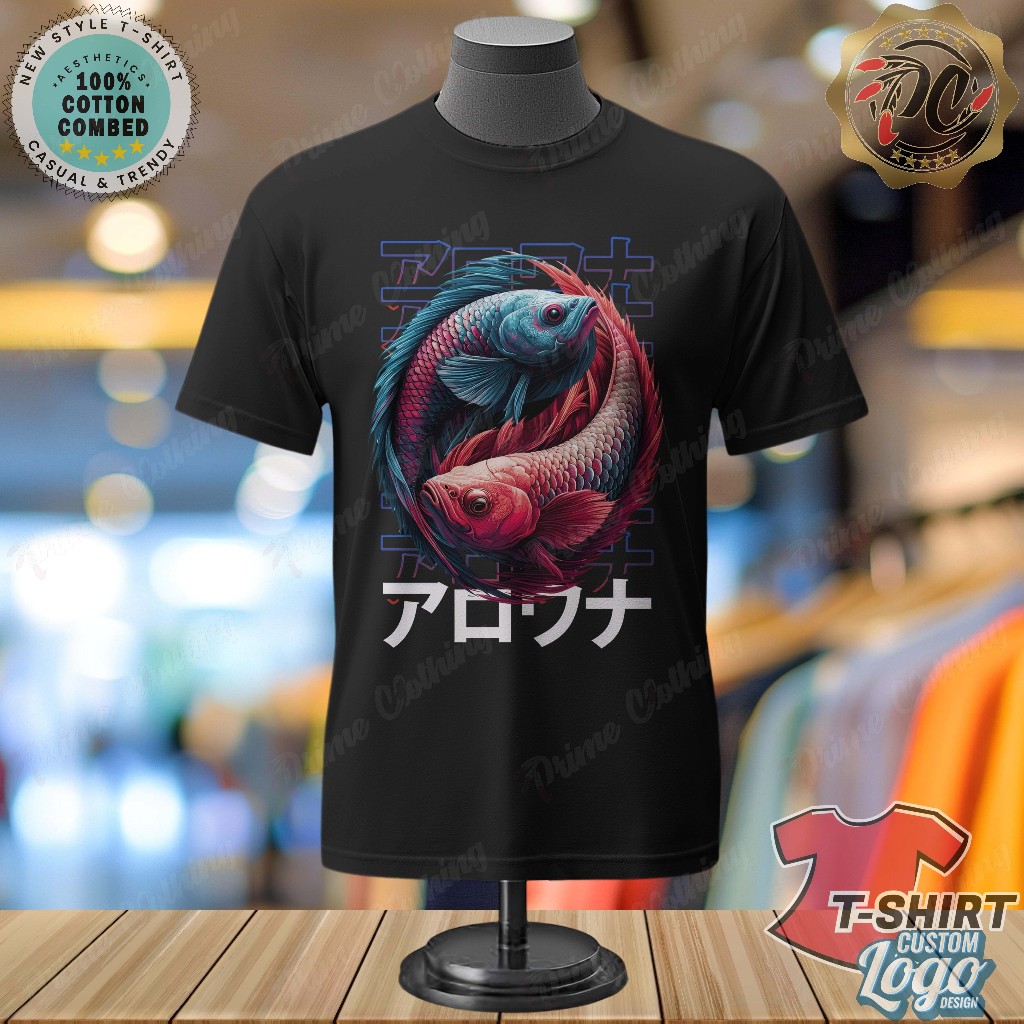 KAOS DEWASA KAOS PRIA & WANITA KAOS HITAM DESIGN LOGO CUSTOM IKAN ARWANA