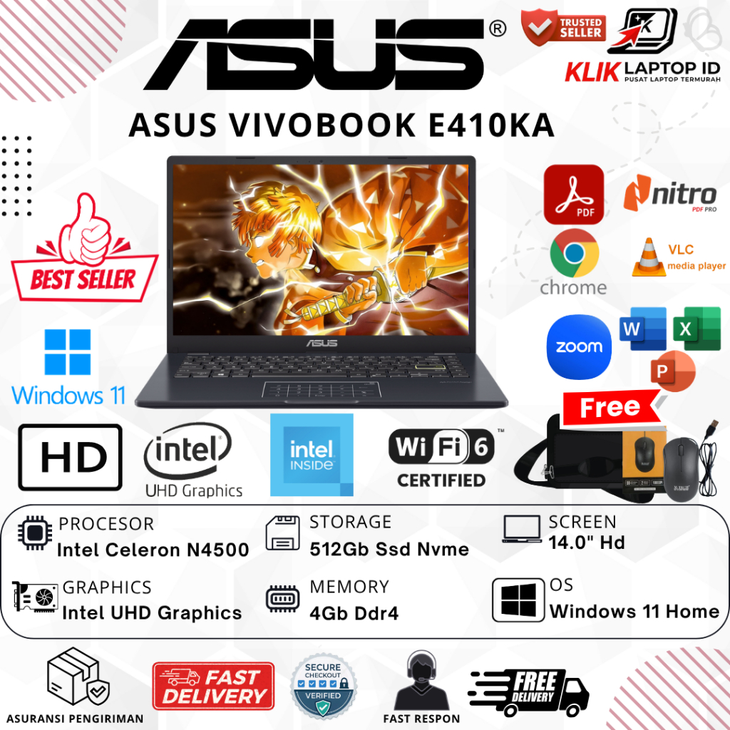 Laptop Termurah ASUS VIVOBOOK L410MA/E410KA Intel N4500 8GB 512GB SSD 14in FHD Win11 Home