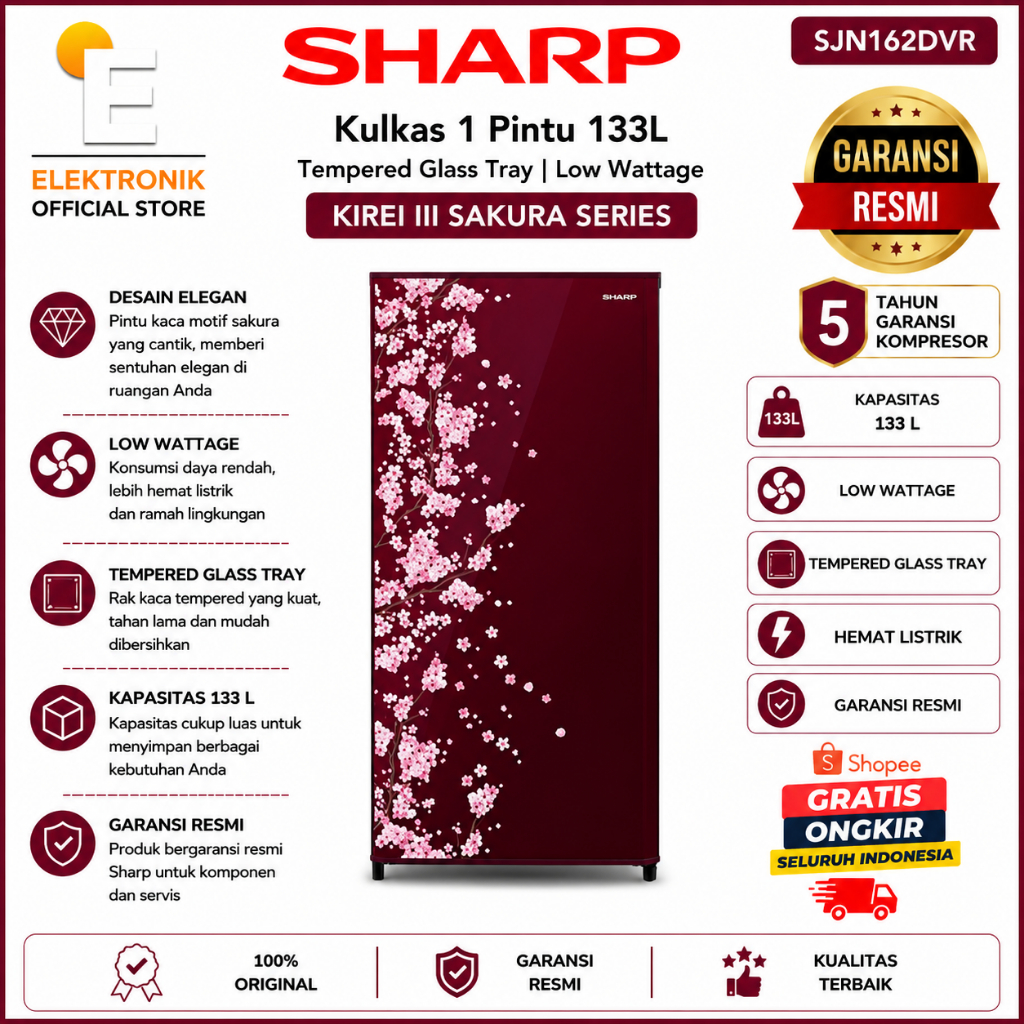 Sharp SJN162DVR Kulkas 1 Pintu 133L Tempered Glass Tray Low Wattage Kirei III Sakura Series One Door