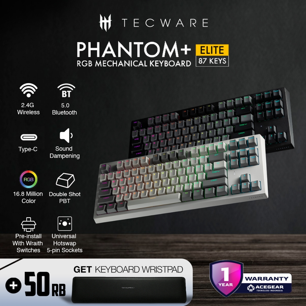TECWARE  keyboard Phantom+ Elite 87 (TKL Mechanical Keyboard) + FREE Tecware Full-size Keyboard Wris