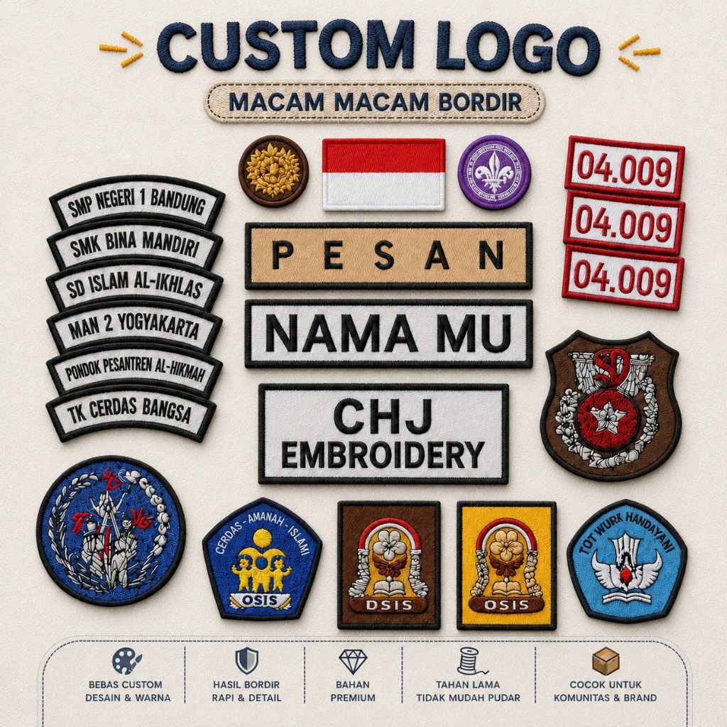 Costum Atribut Almamater Patch Bordir Bet Logo Nama Seragam Sekolah Pramuka Satpam Timbul Custom Sat