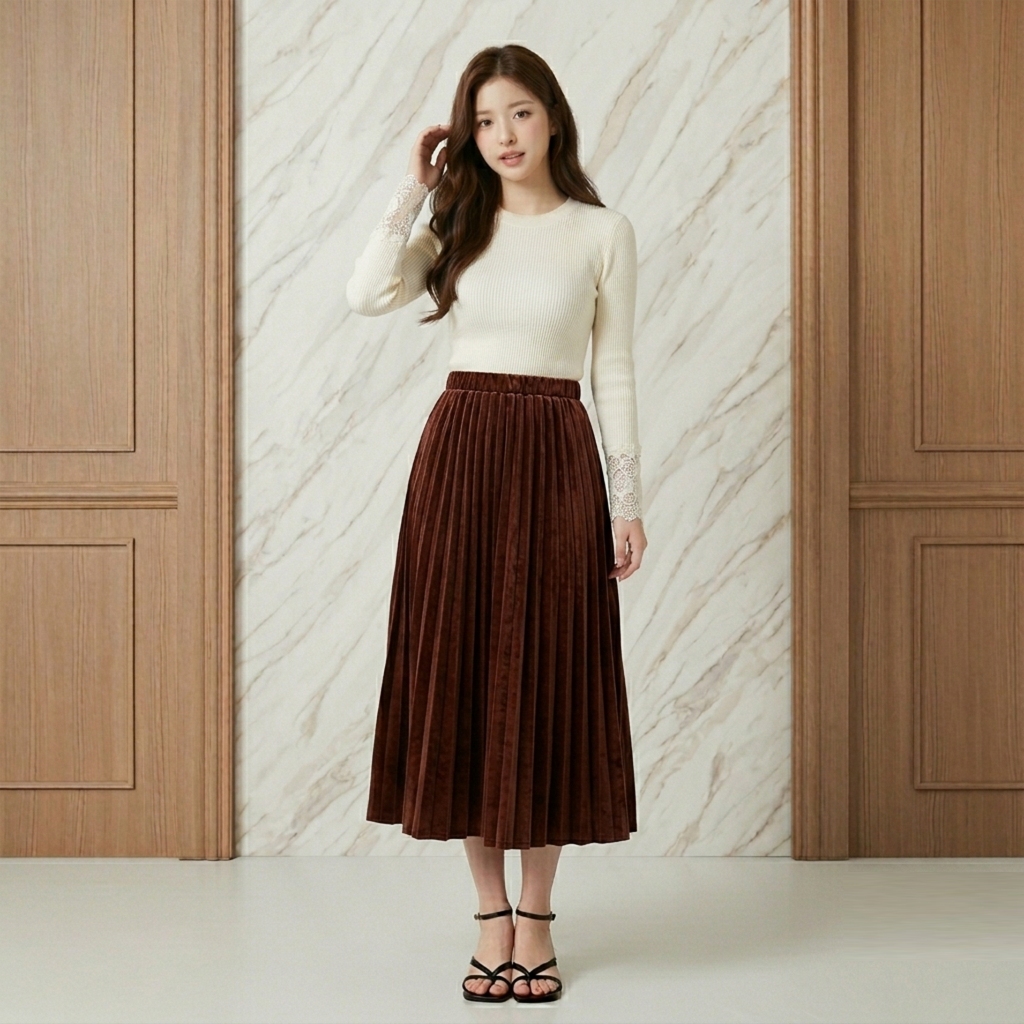 Rok Plisket Beludru 7/8 Pinggang Karet Lembut Rok Velvet Midi Fleksibel