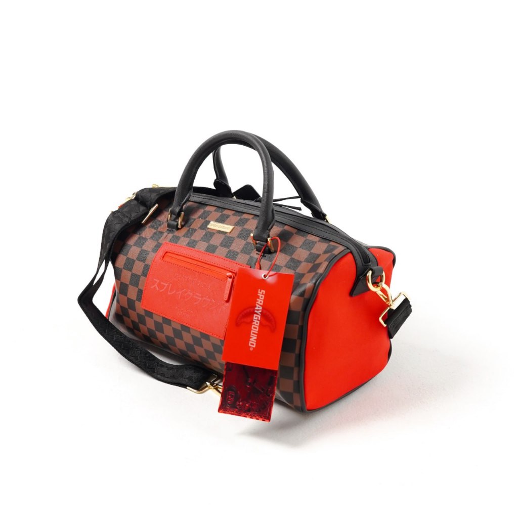 Tas SPRAYGROUND KATANA CHECK BOSS RED BROWN MINI DUFFLE BAG WITH LS 100% ROIGINAL