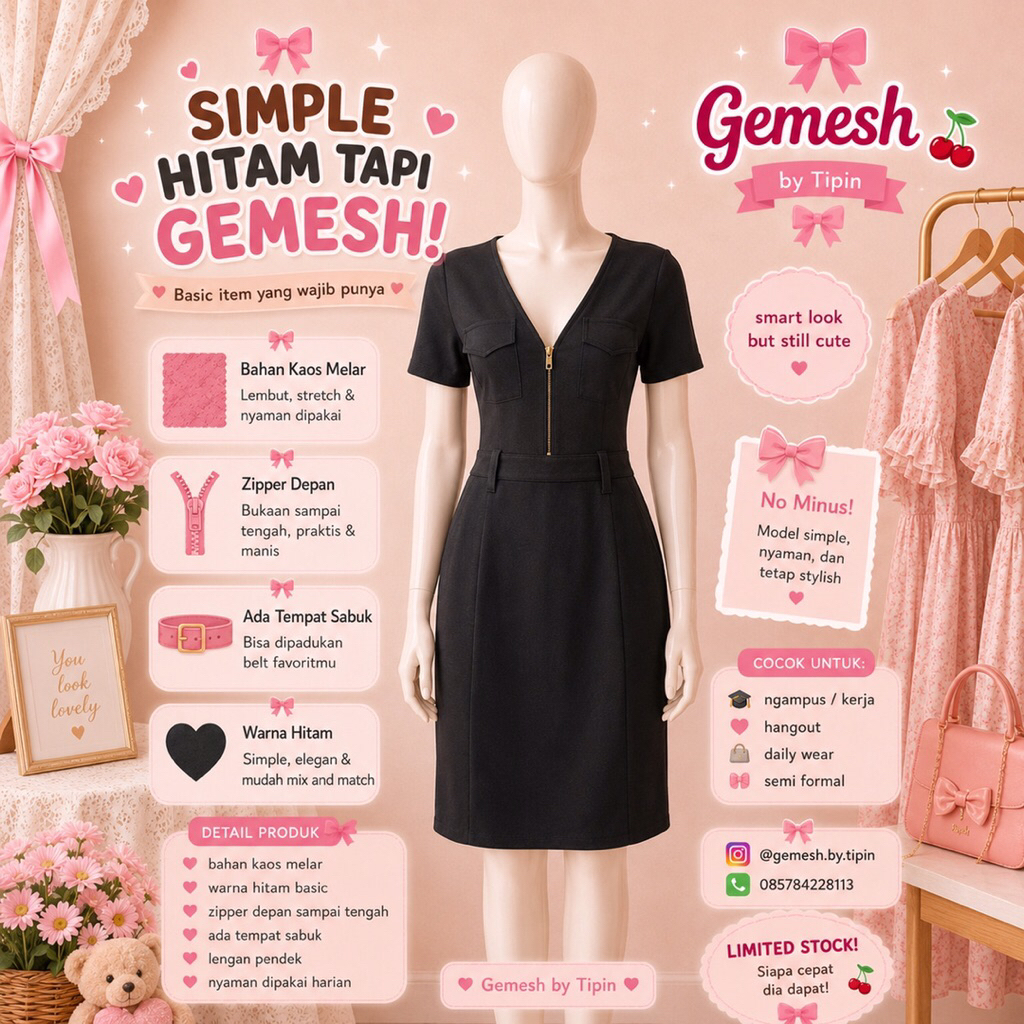 dress hitam v neck resleting gemes lucu coquette preloved