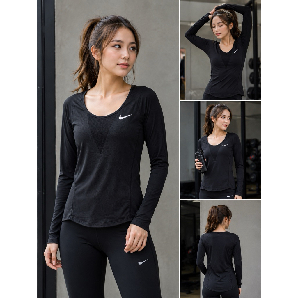 Nike Dri-FIT Wanita Hitam Lengan Panjang Quick Dry Running Gym Training Yoga Activewear