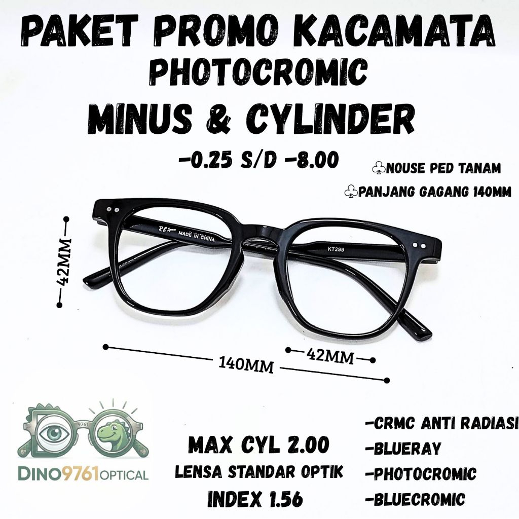 PAKET PROMO KACAMATA PHOTOCROMIC MINUS & CYLINDER -KT299 HITAM