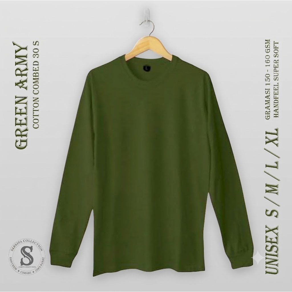 Kaos Polos Unisex Army panjang RIB Pria/Wanita catton Combet 30s