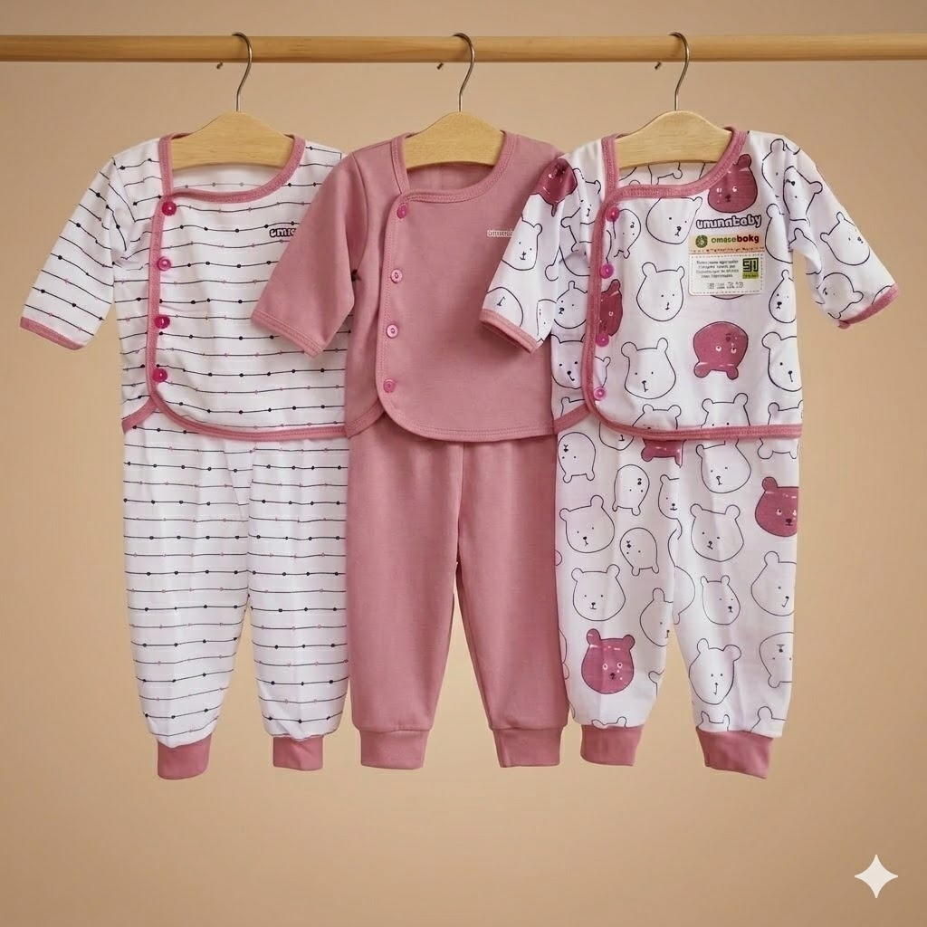 3 Set/6 Pcs Baju Bayi Newborn Set Lengan Panjang Kancing Pinggir Samping Perlengkapan Baru Lahir Ata