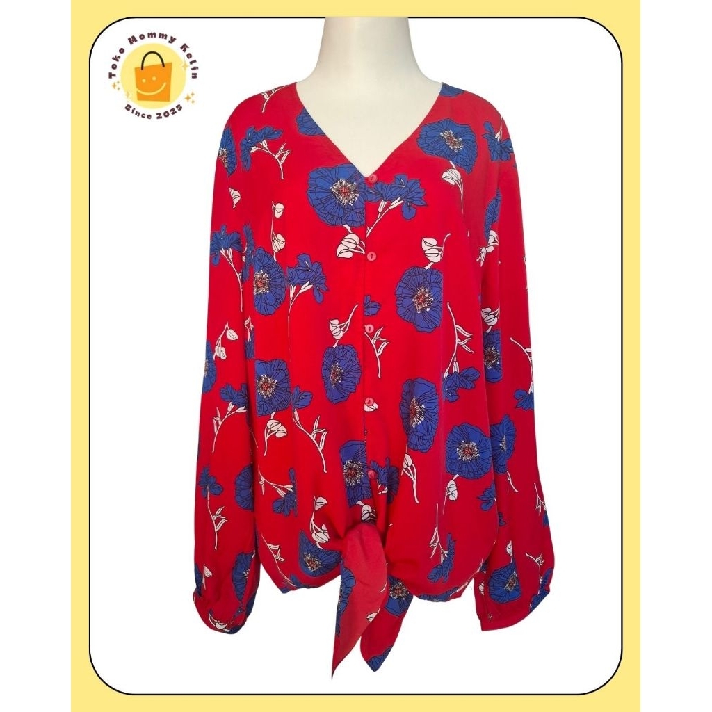 Liz Claiborne Women Floral Long Sleeve V-Neck Button-Up Shirt Red Size XL / Blouse Wanita - Preloved