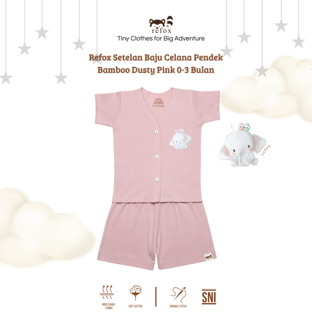 Refox - Setelan Baju Celana Pendek Bamboo Dusty Pink 0-3 Bulan