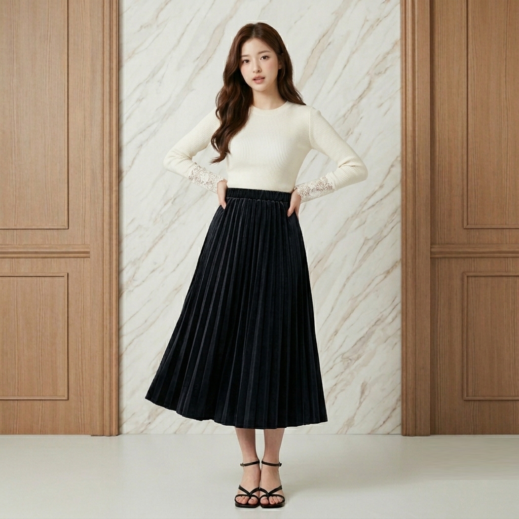 Rok Midi Plisket Velvet 7/8 Kualitas Ekspor Rok Beludru Mewah Termurah