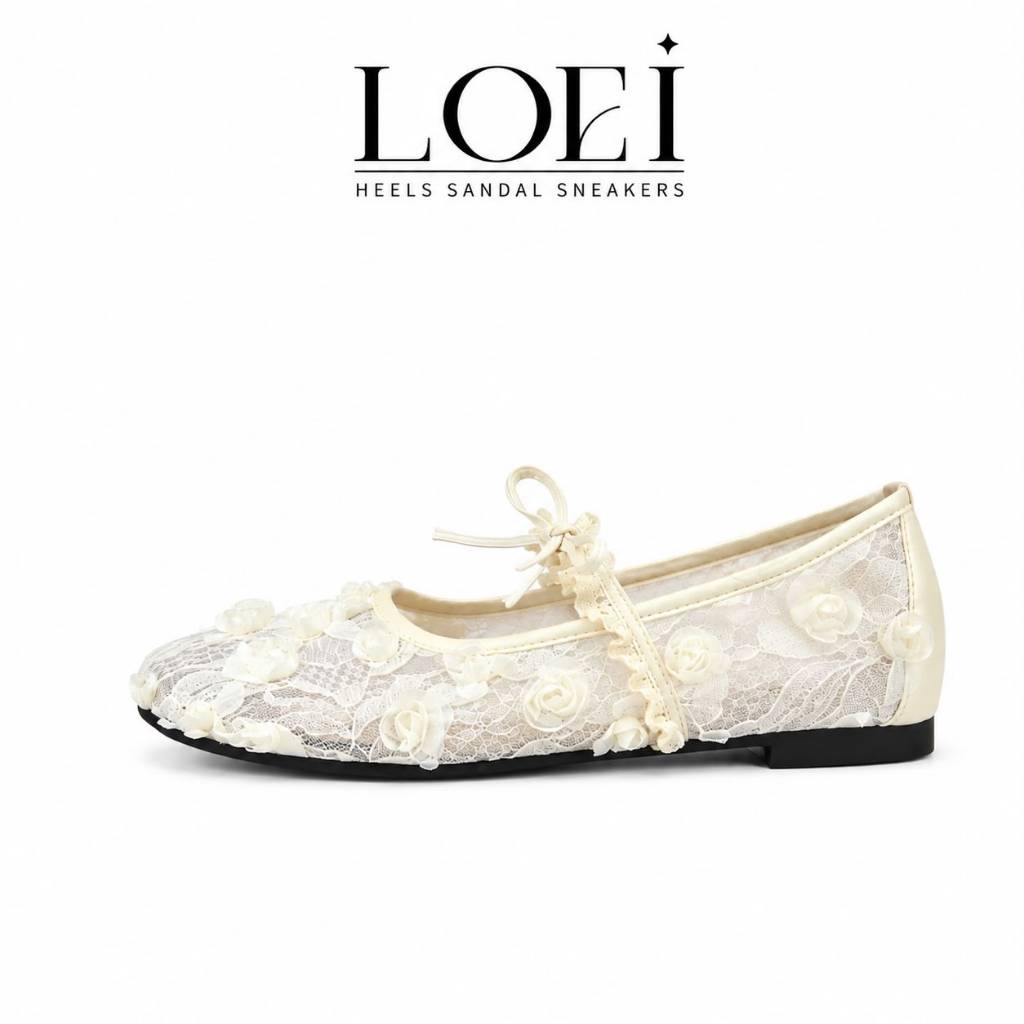 LOEI Floria Lace Mary Jane - Sepatu Wanita Flats Renda Bunga Lembut & Nyaman Dipakai 4144