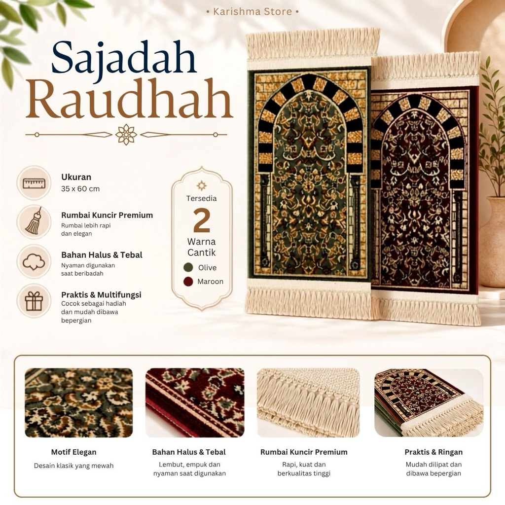 SAJADAH SAUDI RAUDHAH MINI PREMIUM  - SAJADAH UKURAN 35 X 60CM - SAJADAH MOTIF TEBAL PREMIUM TRAVEL