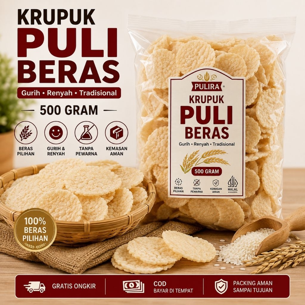 Krupuk Puli Beras Bawang Premium 500gr | Gurih Renyah | Kerupuk Mentah Beras Pilihan Siap Goreng