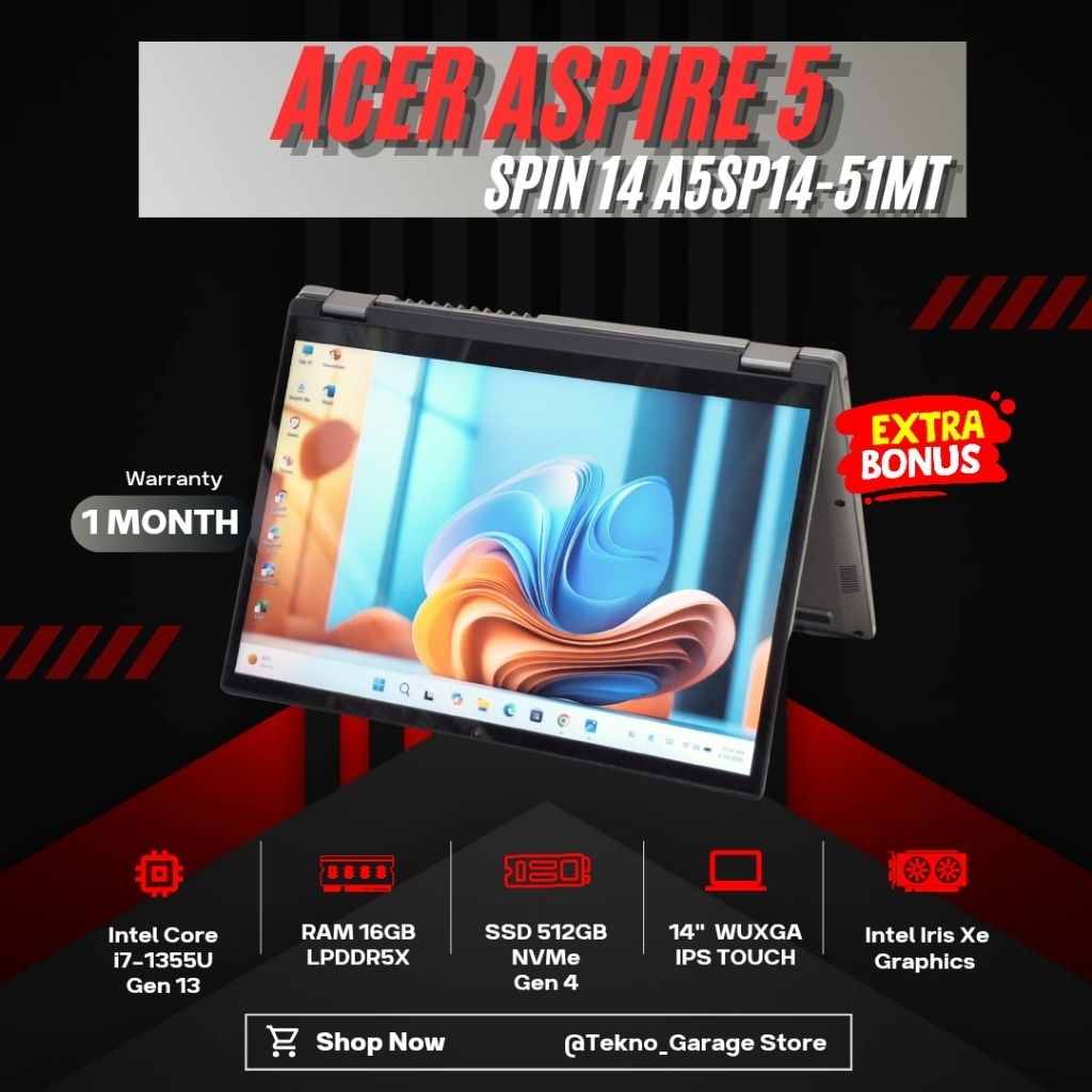 Laptop ACER ASPIRE SPIN 5 SPIN 14 A5SP14-51MT CORE I7--1335U RAM 16GB SSD 512GB 14IN WUXGA IPS TOUCH