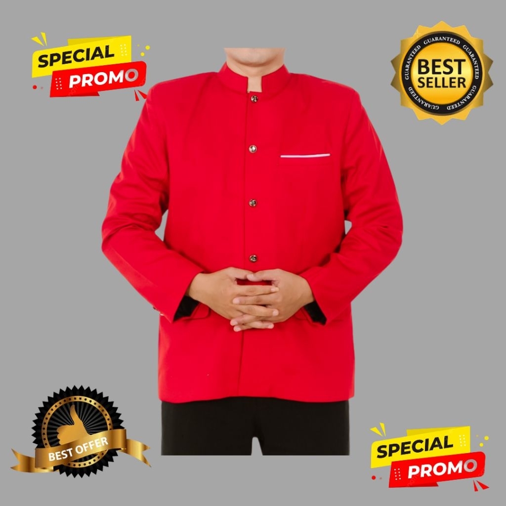 Jas Koko Jasko Mandarin Pria Warna Merah Cabe List saku putih