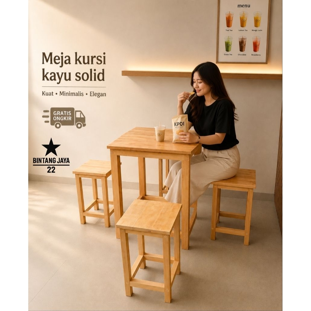 Best Seller Meja Cafe Minimalis 1 Set 4 Kursi Natural Meja Makan Murah