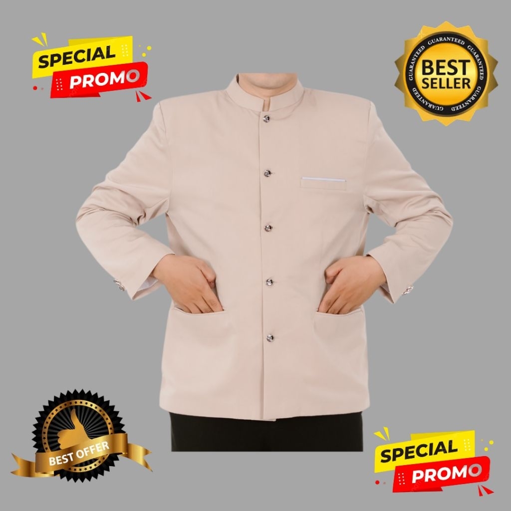 Jas Koko Jasko Mandarin Pria Warna Cream List saku putih Original